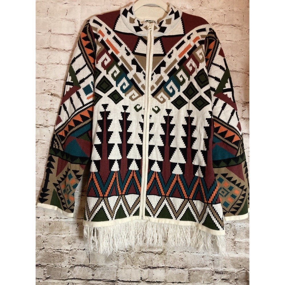 Vintage Collections ETC. Sweater Medium Aztec Print Zip Front Fringe Trim Navajo
